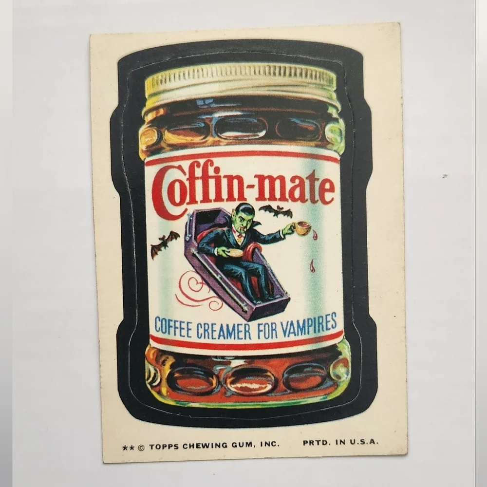 🧛RARE Tan Back Vintage 1973 Wacky Packages - Coffin-mate Sticker (Topps) 🧛♂️☕